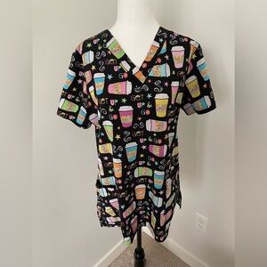 White Cross “Get Up & Go” Coffee Black Multi-Colorful Scrub Top - Size Small